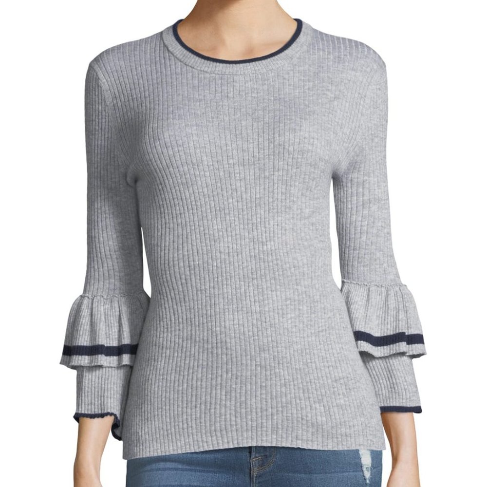 FRAME | Ruffle-Cuff Sleeves Rib-Knit Wool Sweater | Size XS